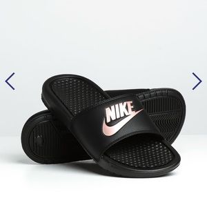 Rose gold nike slides
